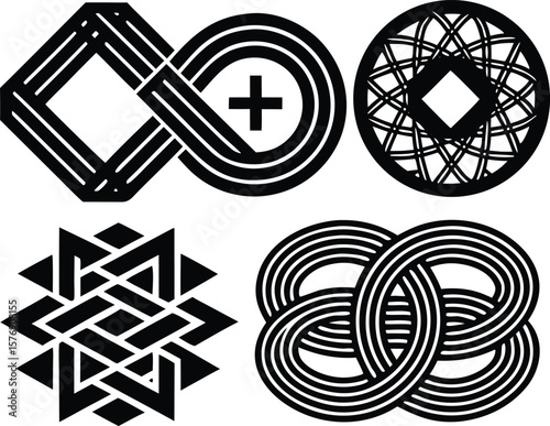 Vector art of a collection of four distinct black geometric abstract designs, each featuring intricate line work and patterns on a white background.