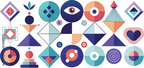 Vector art of a vibrant collection of abstract geometric shapes and symbols in a modern flat design.
