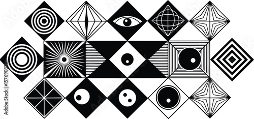 Vector art of an abstract geometric pattern featuring eyes, circles, and diamonds in black and white.