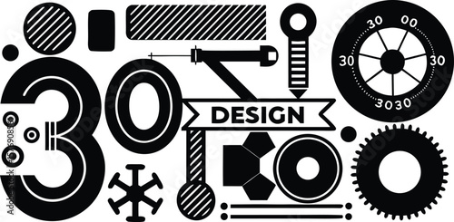 Vector art of a collection of abstract black and white design elements and numbers, including the number thirty, gears, and gauges.