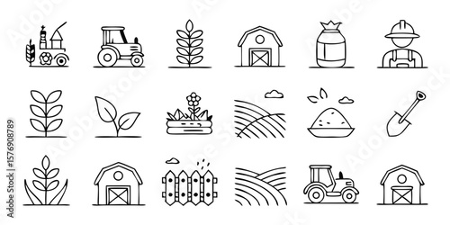 Vector Thin Linear Agriculture Line Icon Set Featuring Tractor, Crop, Barn, Shovel, Irrigation, Seedling, Fertilizer, and Farm Animals for Farming and Rural Design Projects
