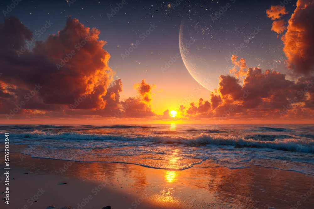 Obraz premium Serene sunset over the ocean with a celestial sky and a distant moon, creating a peaceful and dreamy beach scene