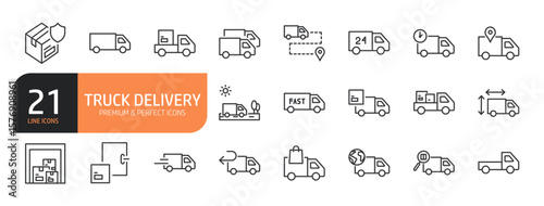 Set of line icons related to Truck Delivery, Fast shipping and more. Outline icons collection. Editable stroke. Vector illustration.