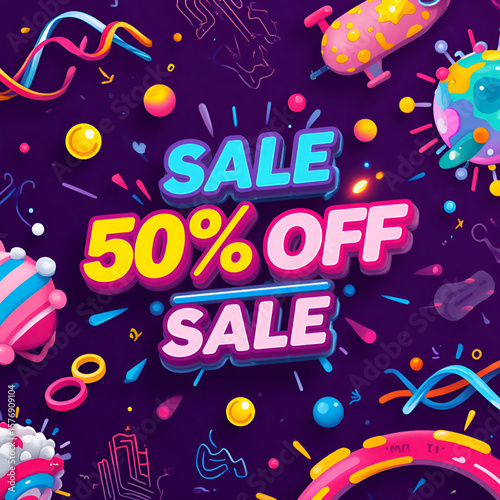 Colorful 3D Abstract SALE 50% OFF Banner – Futuristic Promotional Design for Shopping and Discount Campaigns


