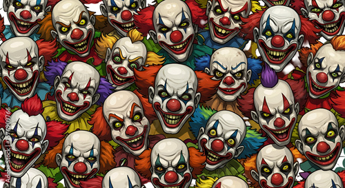 Illustration of Many Horror Clowns with Scary and Creepy Makeup Masks