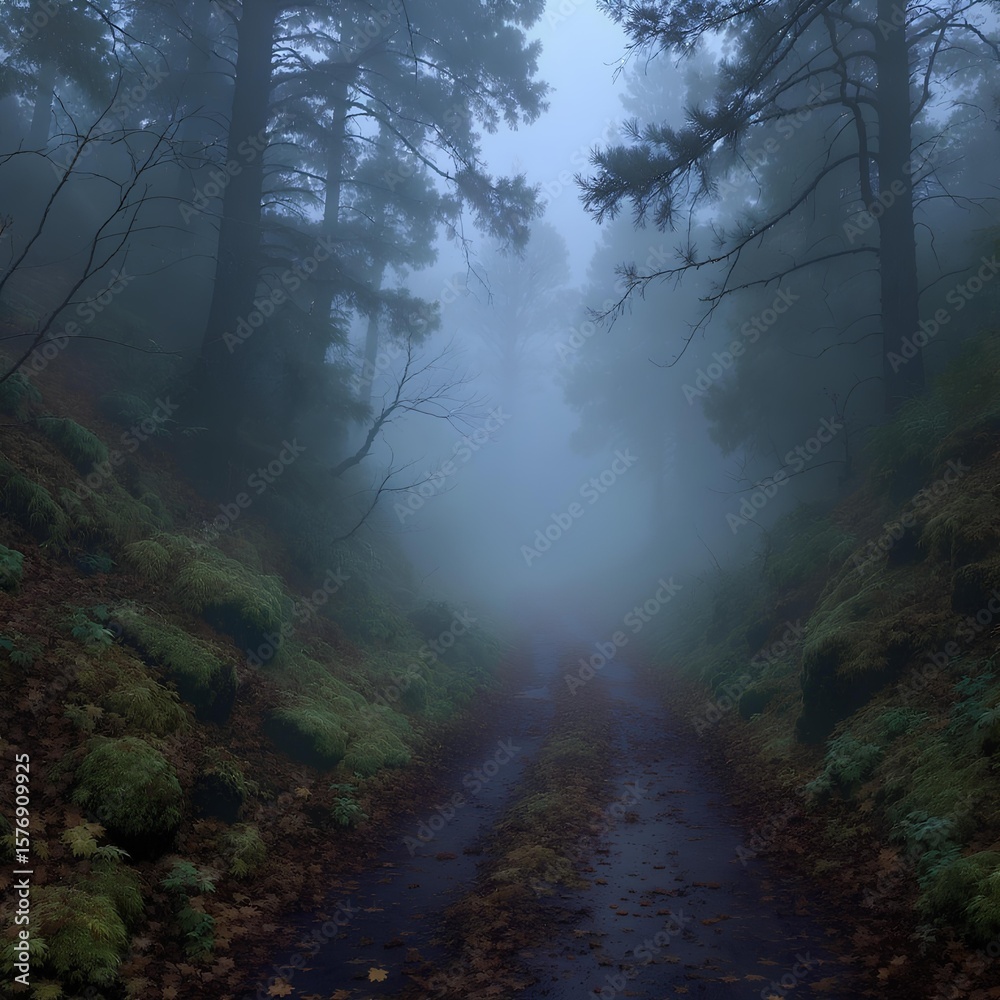 Fototapeta premium Aesthetic Background of Foggy Mountain Path in Dense Forest with Cool Natural Lighting