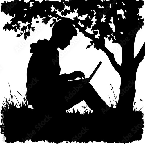 Young Man Using Laptop Under a Tree – Relaxed Outdoor Work and Study