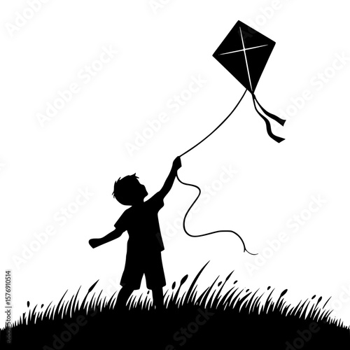 Child flying kite icon, black silhouette, arms raised, windy outdoor play, minimal joyful clipart