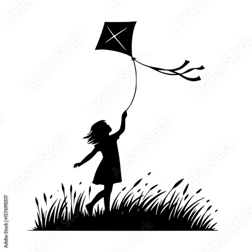 Child flying kite icon, black silhouette, arms raised, windy outdoor play, minimal joyful clipart