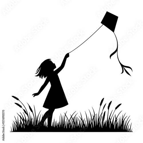 Child flying kite icon, black silhouette, arms raised, windy outdoor play, minimal joyful clipart