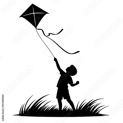 Child flying kite icon, black silhouette, arms raised, windy outdoor play, minimal joyful clipart