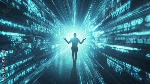 Man walking through futuristic data stream tunnel, digital transformation concept video