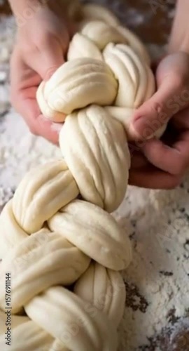 Braiding Challah Dough Hands Gently Shaping a Traditional Jewish Bread on a Floured Surface Preparing for Baking Showcasing the Art of Homemade Bread Making