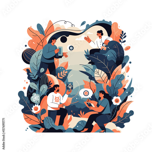 Flat Vector Illustration of people socializing with floral background and river