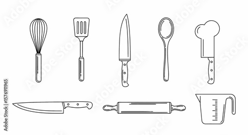 Kitchen tools illustration presents cooking and baking equipment on a white backdrop