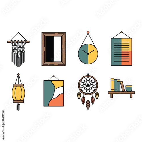 Collection of bohemian and boho chic home decor items in flat design style