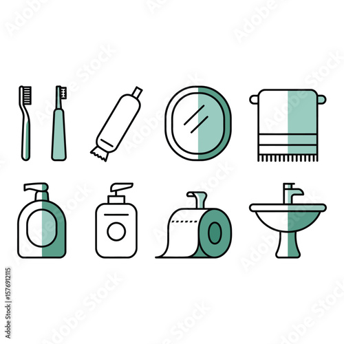 Collection of clean bathroom hygiene and personal care items depicted as simple line art icons