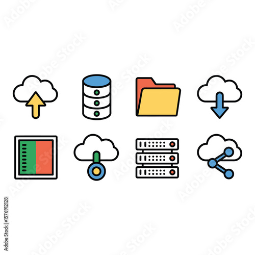 Collection of cloud computing and data management icons including upload download database folder server and network