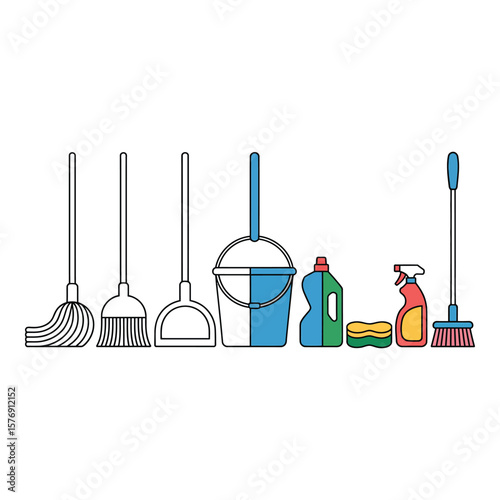 Collection of colorful cleaning supplies and tools arranged in a row on a white background
