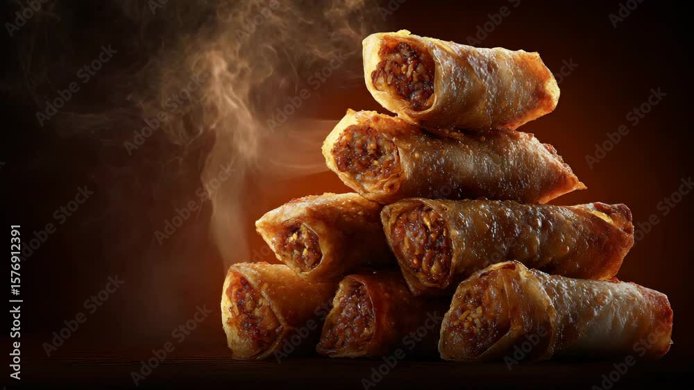 Close up of a stack of golden brown spring rolls, steaming on a dark brown surface against a dark background. The rolls are glistening and appear freshly made.
