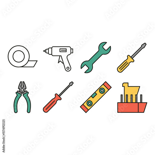 Collection of colorful flat design icons representing various tools and a ship on a white background