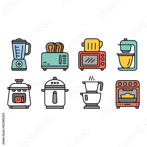Collection of colorful flat design kitchen appliances including a blender toaster oven and mixer