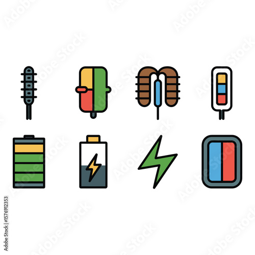 Collection of colorful flat icons representing energy power and measurement devices