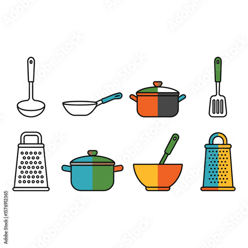 Collection of colorful kitchen utensils and cookware items arranged in two rows on a white background