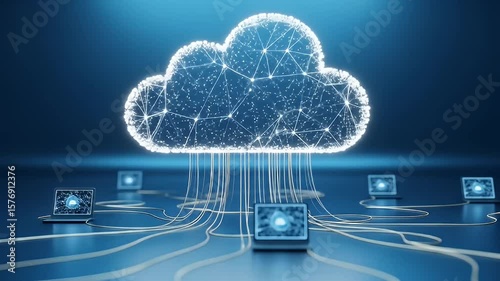 Cloud computing concept with a digital cloud connected to multiple laptops via glowing lines, against a blue background.