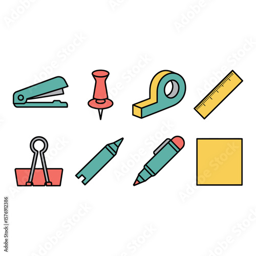 Collection of colorful stationery items including a stapler pushpin tape dispenser ruler binder clip marker pen and sticky note