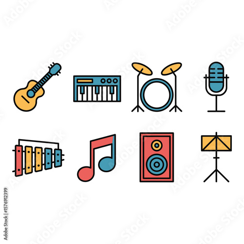 Collection of colorful musical instrument icons including guitar keyboard drums microphone xylophone music note speaker and music stand