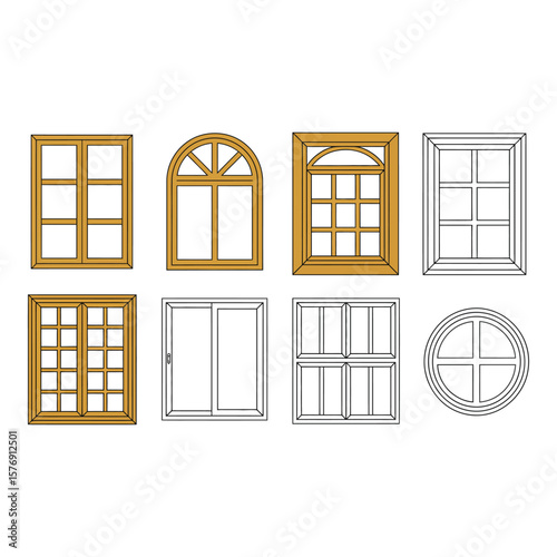 Collection of diverse window designs including arched rectangular and circular styles with wooden frames