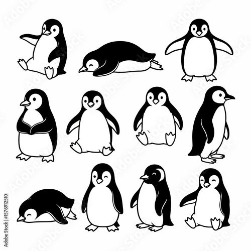 Penguin characters in various poses, black and white