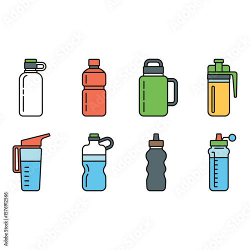 Collection of eight colorful flat design icons representing different types of water bottles and drink containers