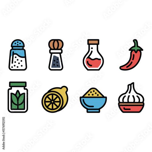 Collection of eight colorful flat design icons representing common kitchen seasonings and ingredients