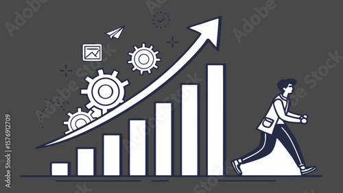 Man strides confidently alongside a sharply rising graph, symbolizing growth fueled by efficient teamwork and communication.