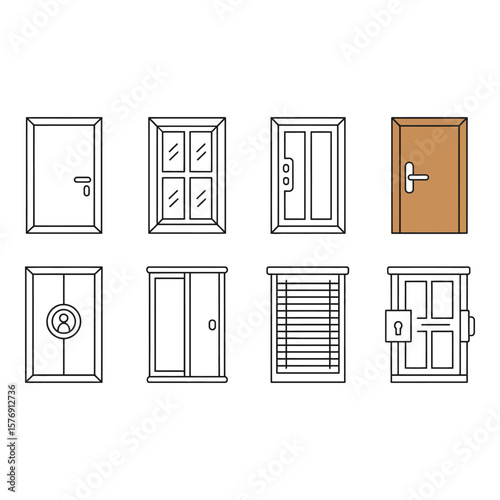 Collection of eight different stylized doors and windows with various designs and features