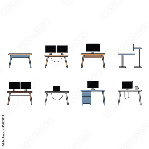 Collection of eight different computer desk setups with monitors and laptops in a flat design style