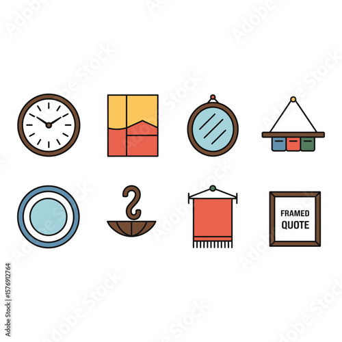 Collection of eight flat design icons representing home decor and everyday objects