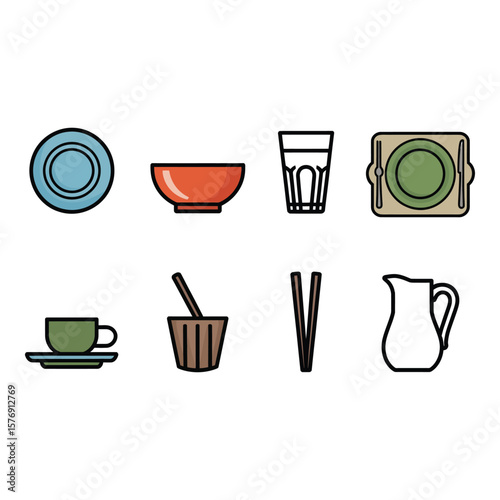 Collection of eight flat design icons representing various tableware and kitchenware items