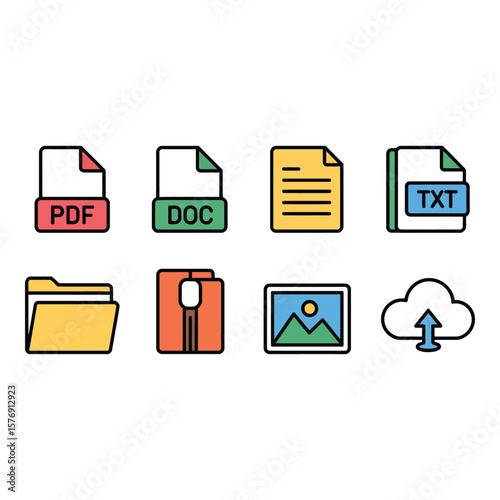 Collection of flat design icons representing different file types and cloud storage services