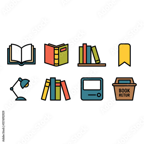 Collection of flat design icons representing books a desk lamp a bookmark and a book return bin