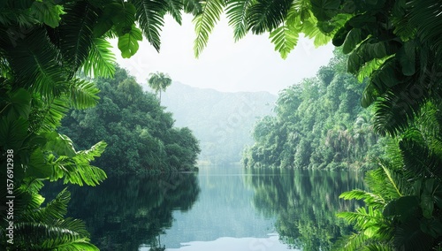 3D rendering of a green leaves frame with a lake and jungle background. Banner, panorama