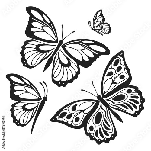 Black and white butterfly insect nature vector silhouette illustration tattoo set with flying wings pattern decoration animal beauty collection art symbol design