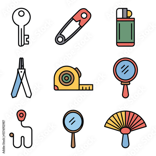 Collection of flat design icons representing everyday objects like a key safety pin lighter compass tape measure and fans