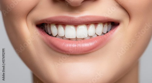 Photorealistic close up of smiling woman’s teeth with lower half of face visible and lips slightly parted against blurred neutral background