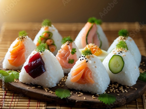 Assortment of delicious japanese onigiri rice balls with salmon and tuna