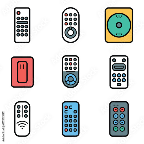 Collection of flat design icons representing various remote controls and a light switch
