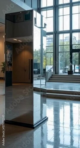 Modern Mirrored Column Sculpture in a Hotel Lobby Reflecting the Interior Design and Natural Light from Large Windows Creating an Illusion of Space and Depth