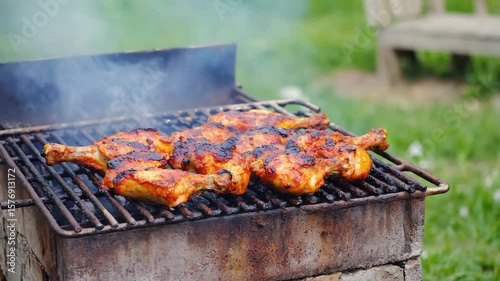Piri piri chicken, Spicy grilled chicken, Marinated in chili sauce with a charred skin, Bright reds and oranges, Outdoor grilling light, Spicy and smokey
